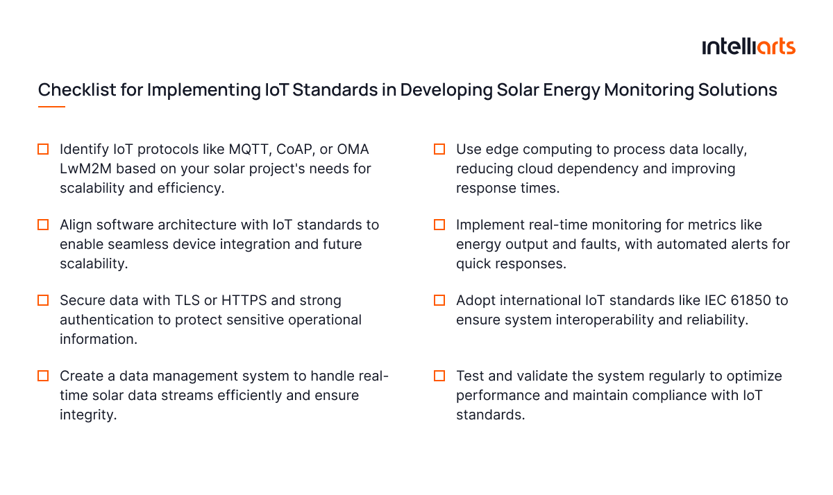 Checklist for implementing IoT standards in developing solar energy monitoring solutions